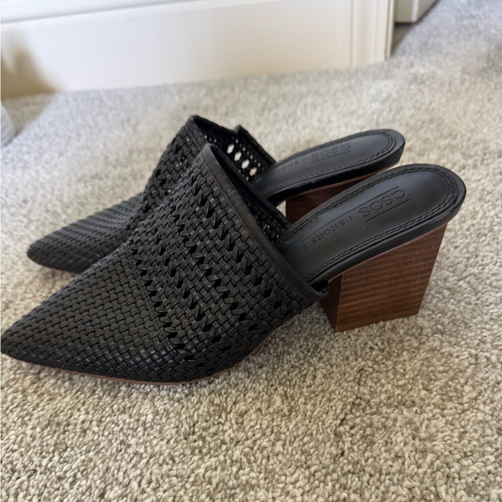 ASOS Black Woven Mules with Tan Block Heel